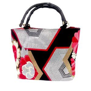 Vintage Musubi Designs Kimono Purse Tote Black Gold Silver Hardware Footed